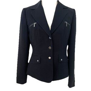 Tahari Authur S Levine Snap Front Jacket Blazer Sz 4P Black Zip Pockets Moto